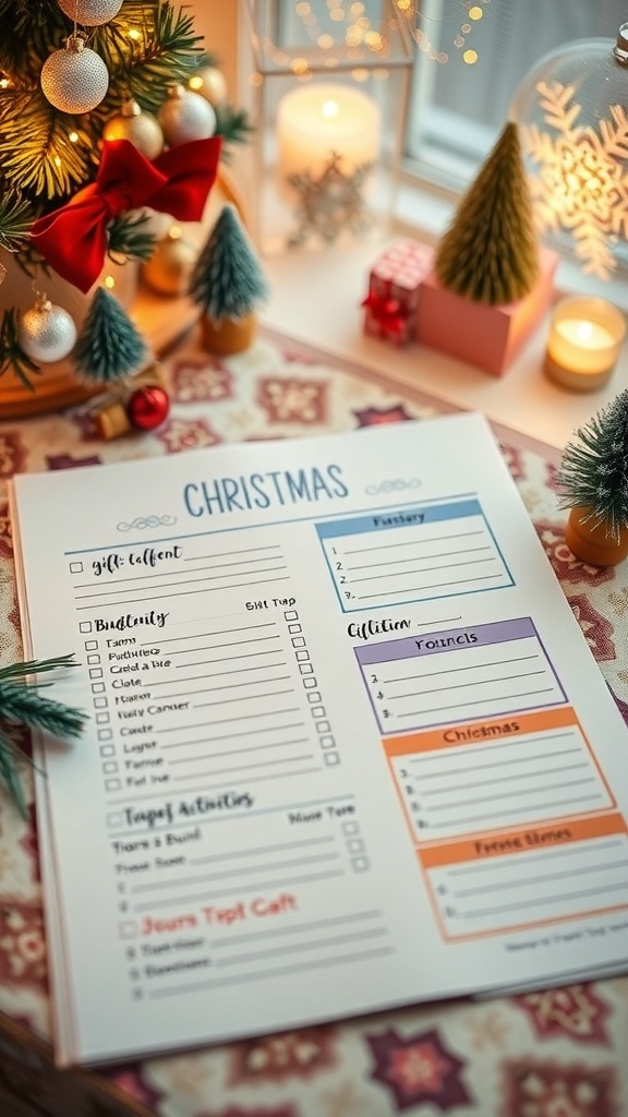A creative Christmas list layout on a desk with colorful sections for gifts and activities, surrounded by festive decorations.